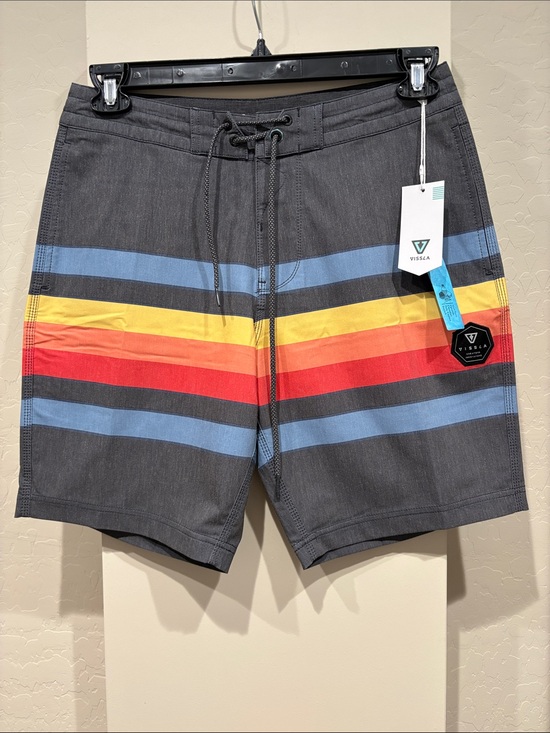 VISSLA Other - VISSLA Men’s Charcoal Swim Shorts with Blue, Yellow & Red Stripes